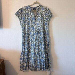 Madison Mathews XXL Blue Green Block Print Tiered Folly Dress Cotton Coastal